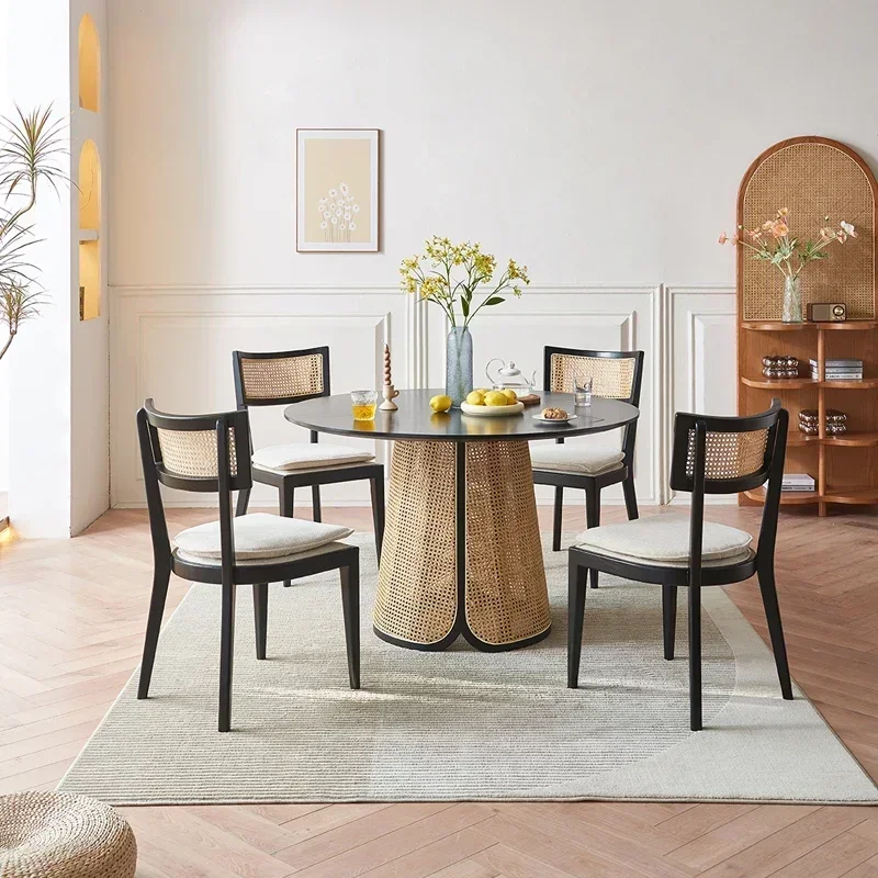 Wabi Sansan Solid Wood Round Table Nordic Household Rattan Dining Table Ash Wood Eating Table