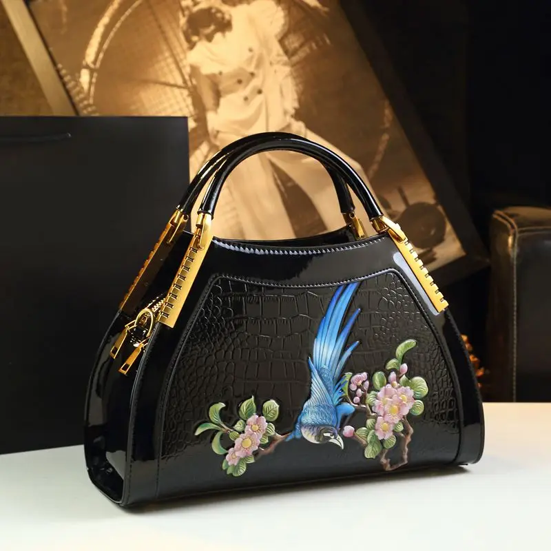 Chinese Style Leather Bag New Atmospheric Lady Mother Handbag Bill Shoulder Crossbody Bag Hand Embroidery Cheongsam Women's Bag