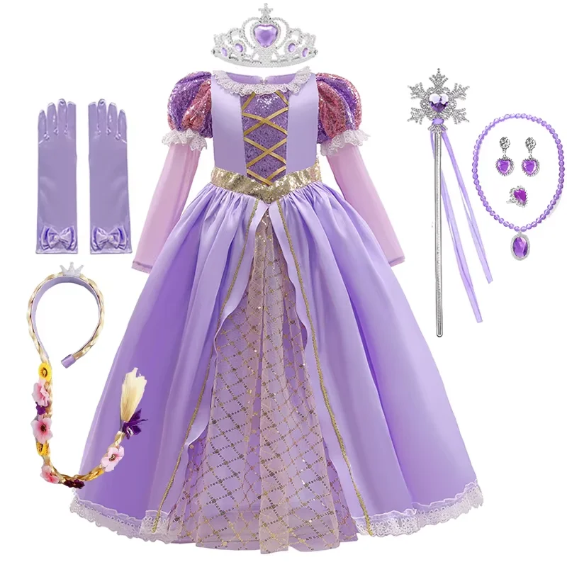 Rapunzal Princess Girl Dress Cosplay Tangled Halloween Party Vestido Kids Birthday Christmas 2-10T