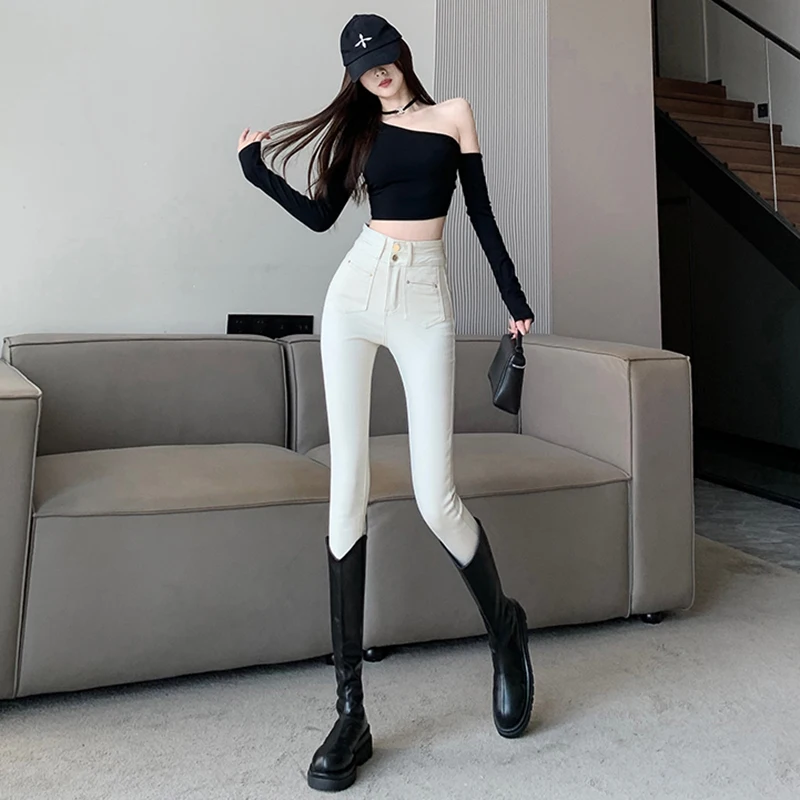 Confortável cintura alta nove peças fino ajuste jeans feminino elástico magro leggings lápis calças de algodão estiramento denim casual wear