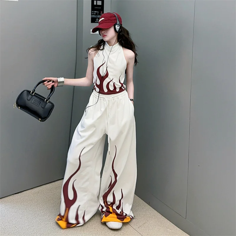 

Summer Children Girls 2PCS Clothes Set Halter Vest+Pants Fashion Flame Print Cool Suit Streetwear Teenager Tracksuits 5-14Years