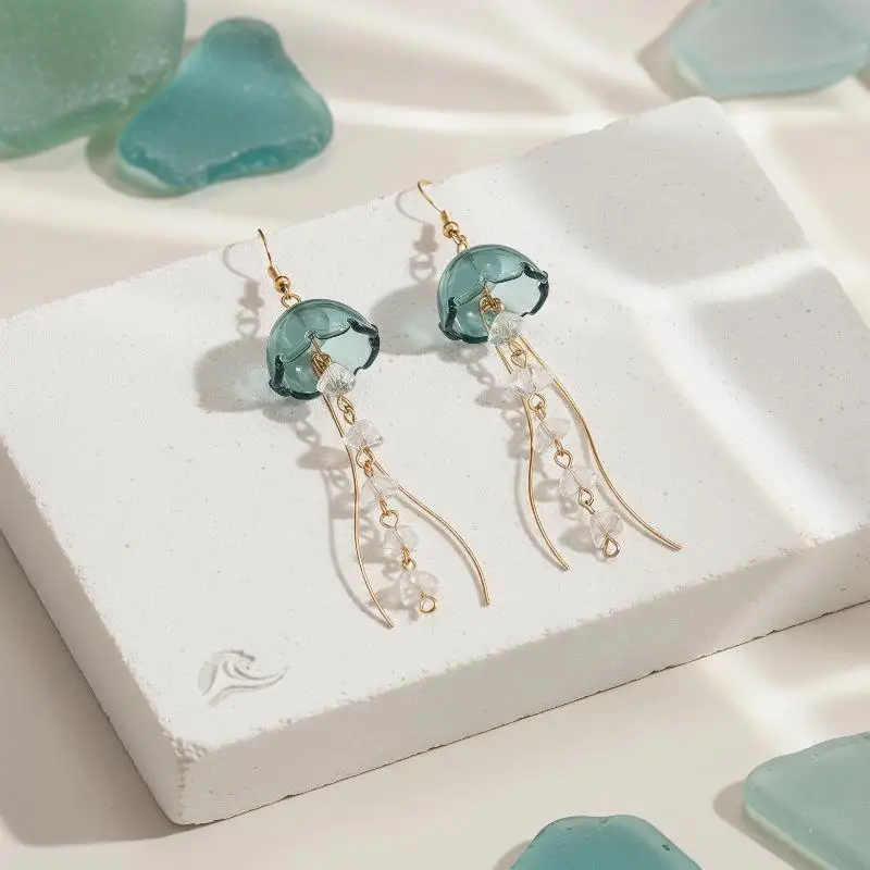 Colorful Jellyfish Drop Earrings For Women Ocean Animal Dangle Crystal Wavy Tentacle Summer Beach Jewelry Gift