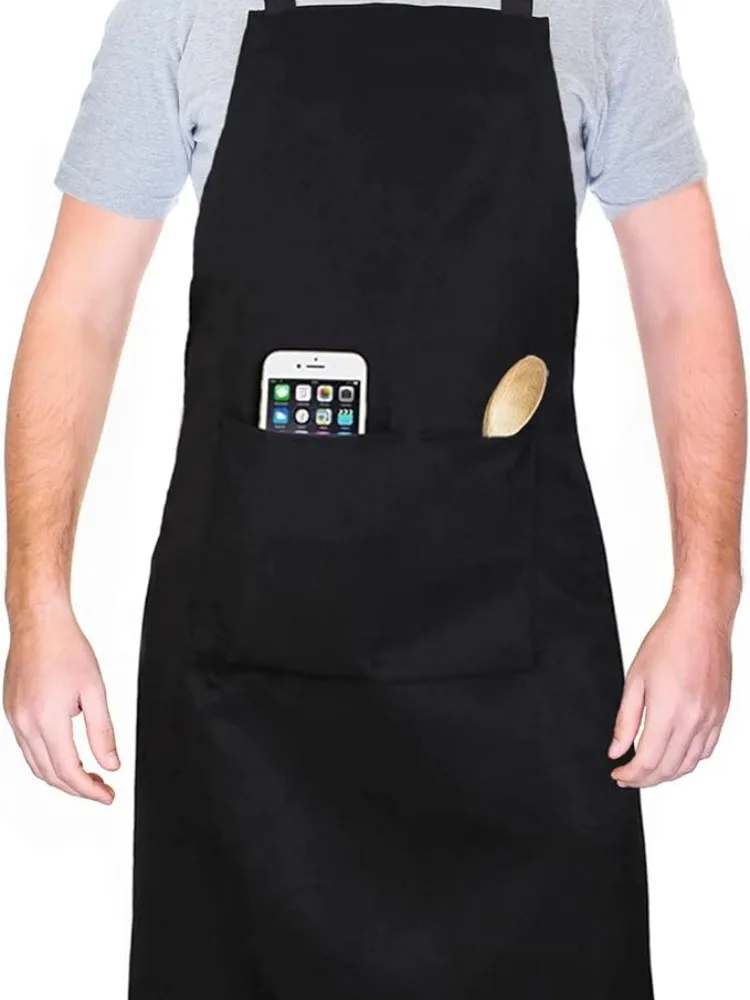 ILLUVA 주머니가 있는 방수 요리 앞치마, 블랙 주방 앞치마, BBQApron, 남녀공용 