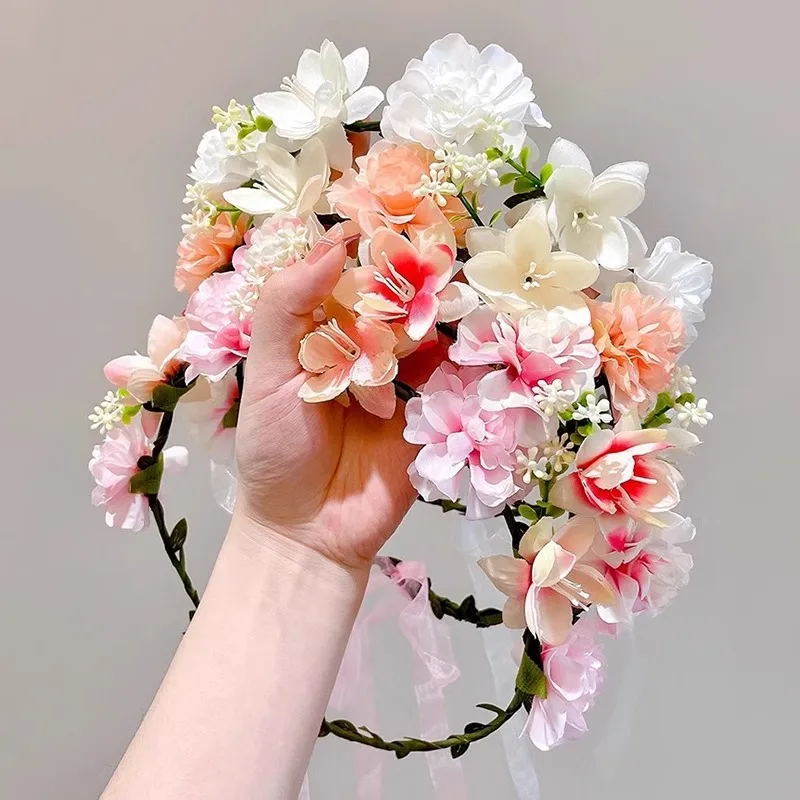 Corona de rosas artificiales para mujer, cinta de flores hawaianas, diadema de boda para vacaciones, accesorios para el cabello