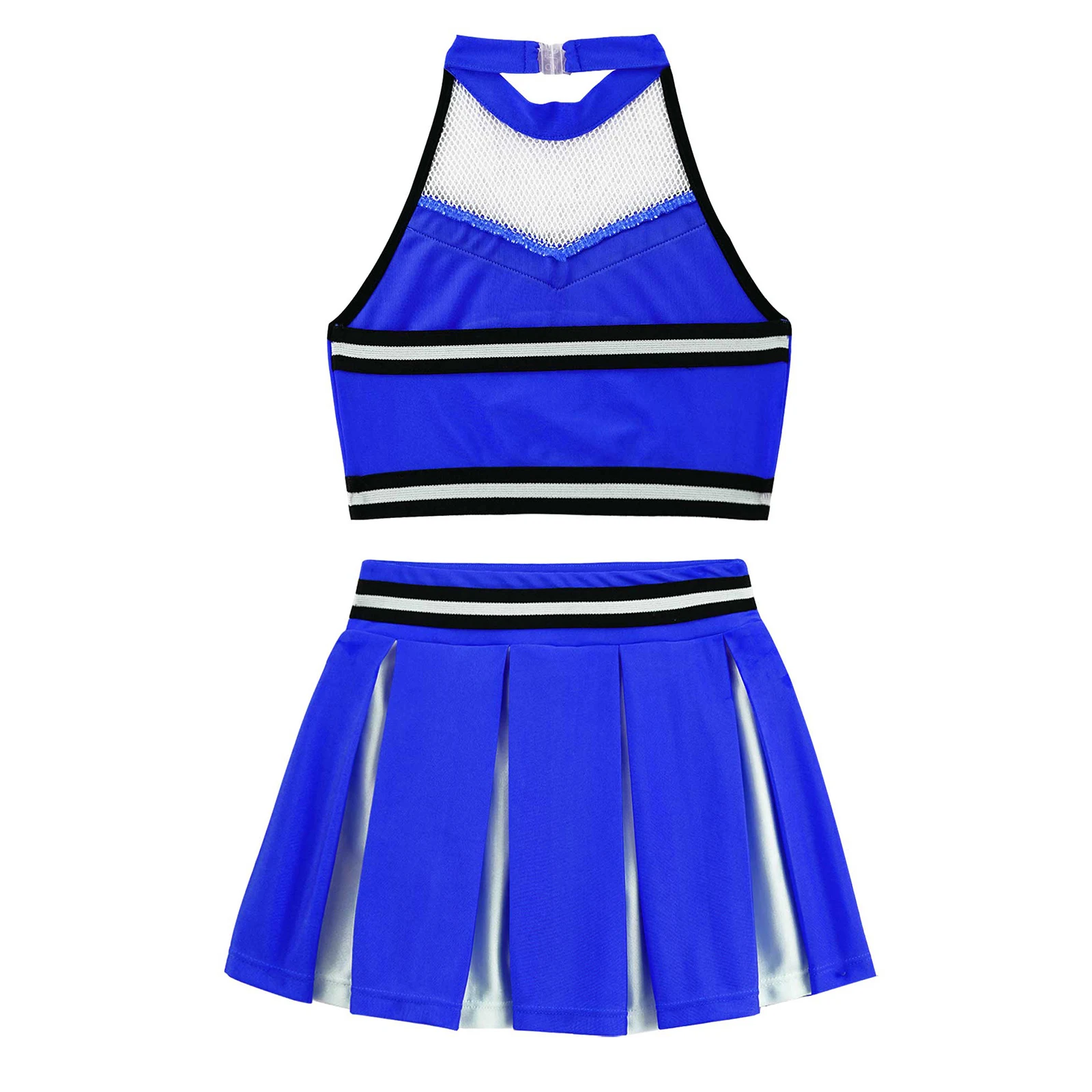 Cheerleading Uniform for Kids Girls Cheer Dance Costume Halter Neck Backless Crop Top with Elastic Waistband Pleated Skirt