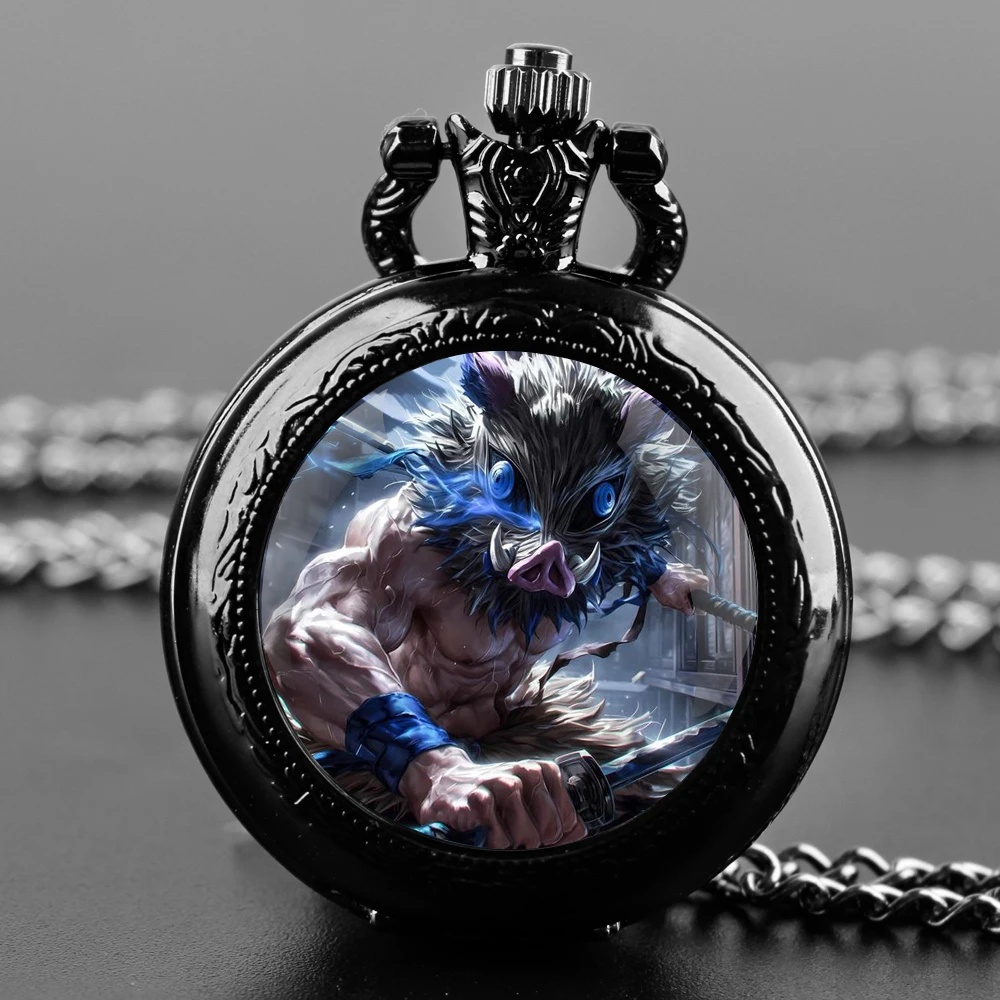 Creative Demon Slayer Design Glass Dome Practical Quartz Pocket Watch Fob Chain Necklace Mens Kids Gifts Clock Back-to-school