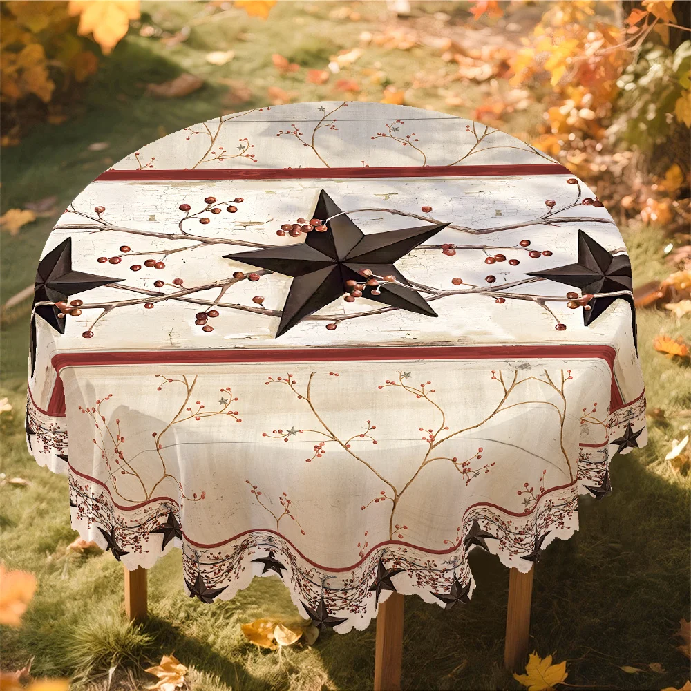 Autumn, wood grain, western tablecloth, white and red decorations, stars and berries.