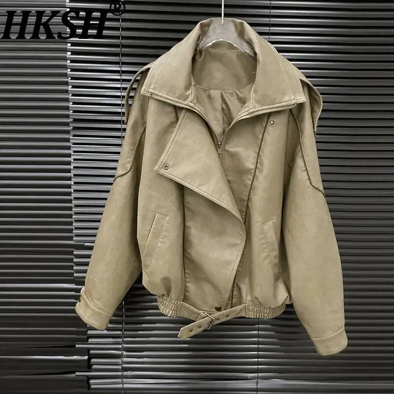 HKSH Women Leather Jacket Dark Style Trendy Turn-Down Collar Patchwork Niche Design Loose Casual Coats Spring Autumn New HK24884