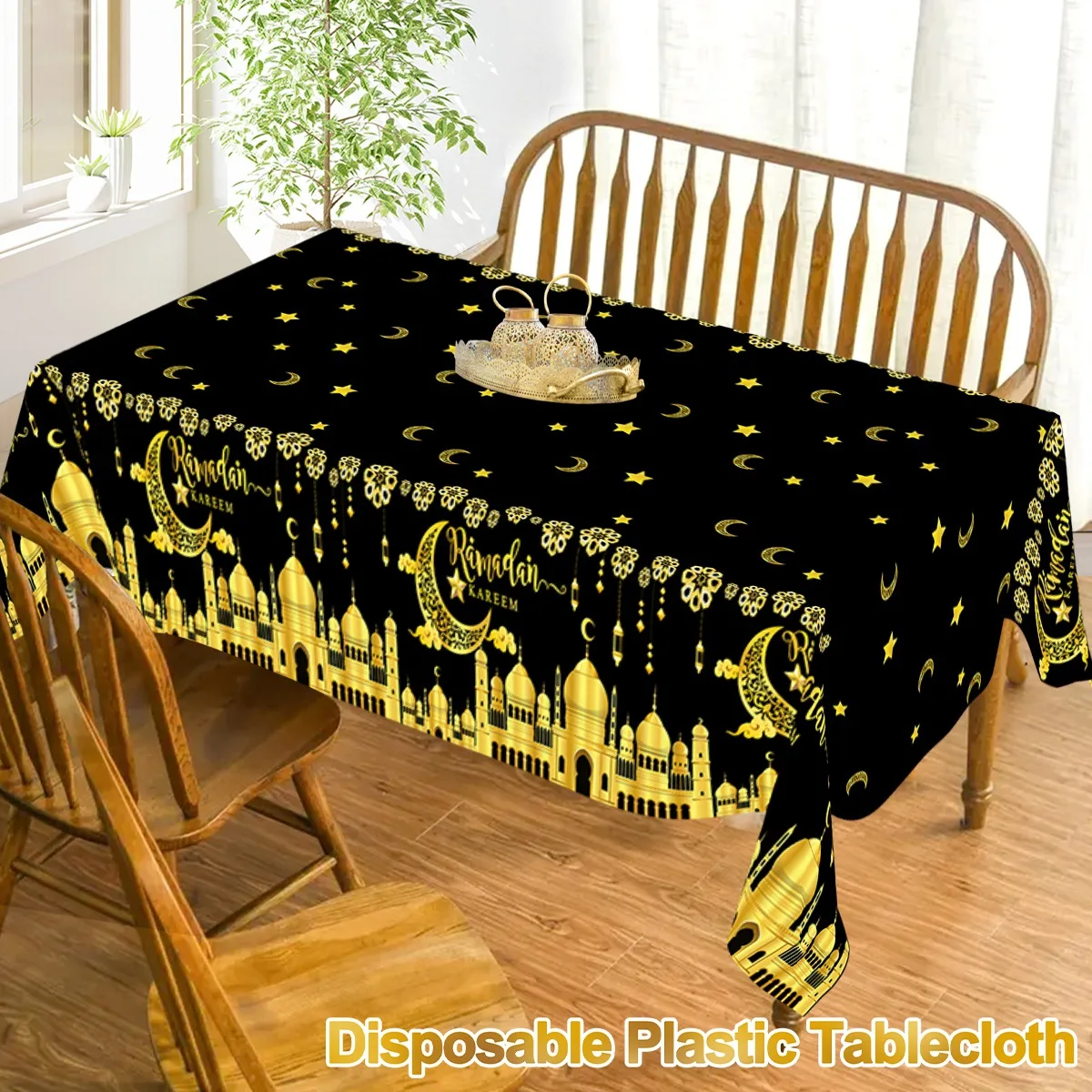 Eid Mubarak Tablecloth Plastic Castle Table Cover for Home 2025 Islamic Muslim Party Decor Ramadan Decorations Eid Al Adha Gifts