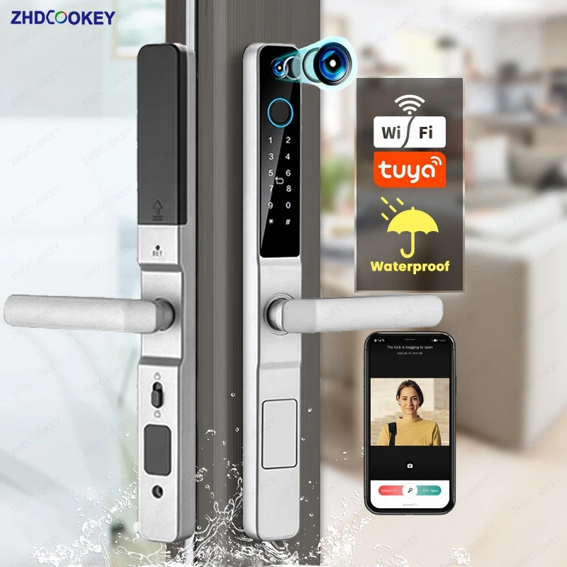 Smart Lock with Camera Door Viewer Waterproof IP66 Tuya WiFi Fingerprint Password Sliding RFID Card Sliding Electronic Door Lock