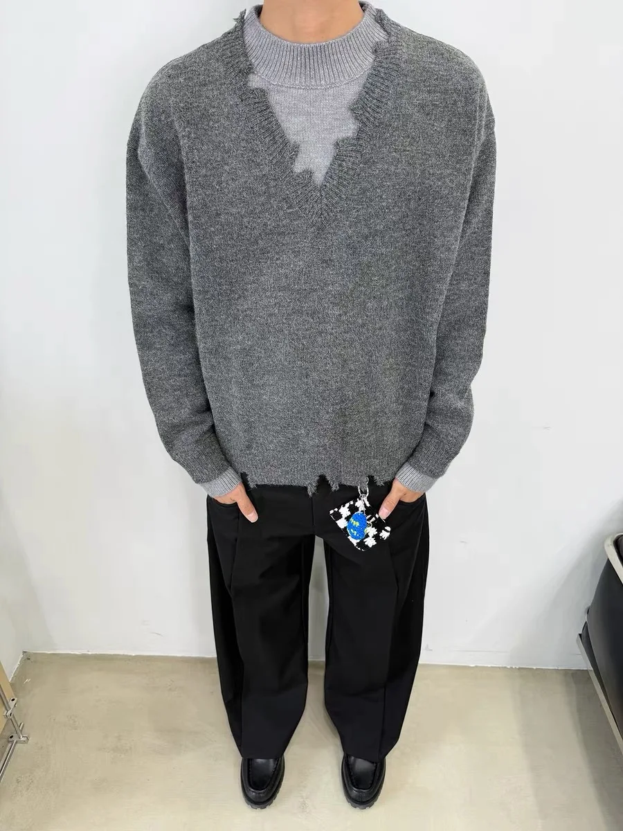 

American Retro Men's Knitted Sweater V-Ne Casual Versatile Loose Fit Winter Warm Long Sve round Ne Color