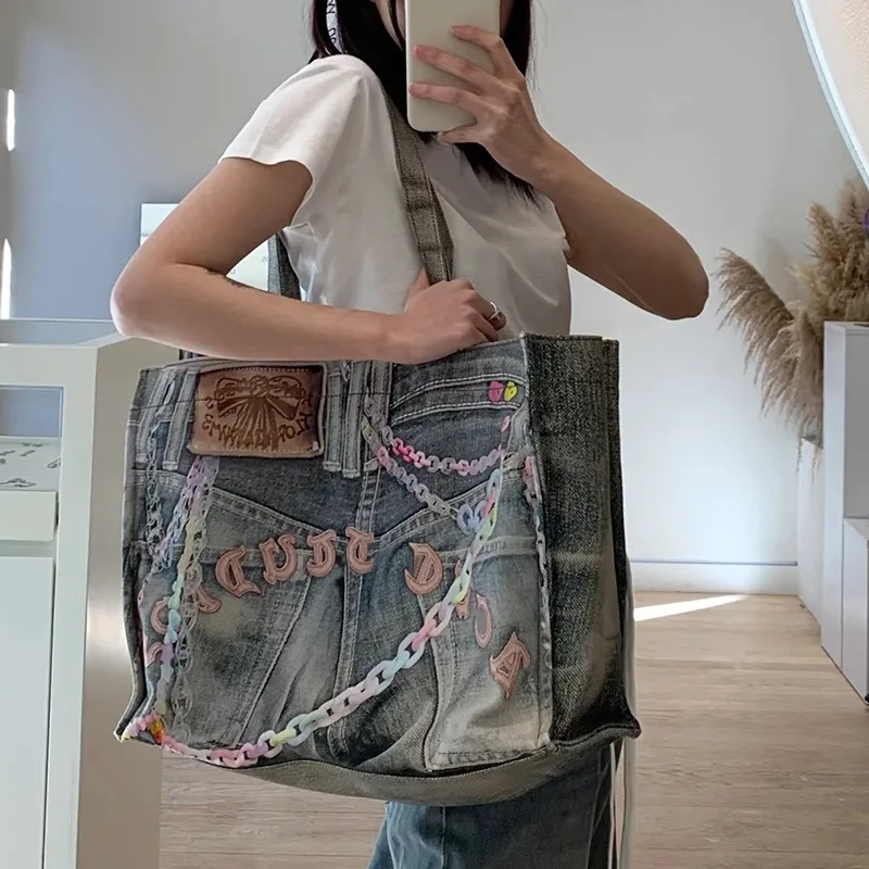 

Retro Denim Y2K Shoulder Bag Large Capacity Female Handbag Vintage Blue Denim Jeans Luxury Totes Designer Bags Women Purse