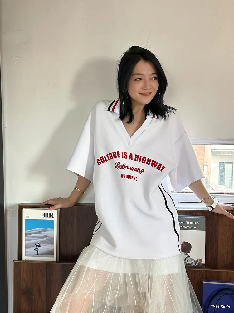 

LEDIM WANG Американская футболка с контрастным цветным принтом, женская летняя новая спортивная свободная простая футболка из смесового хлопка