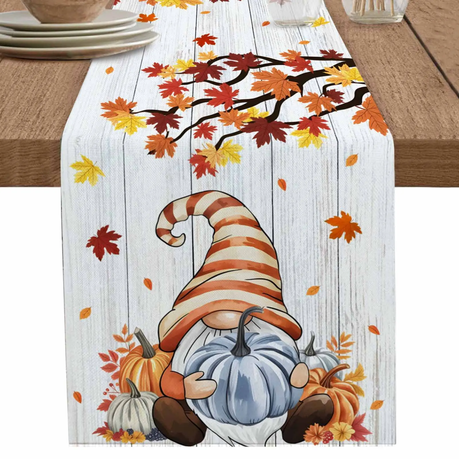 

1 PCS Wood Grain Background Thanksgiving Gnome Table Runner Party Polyester Table Cover for Home Dining Decoration