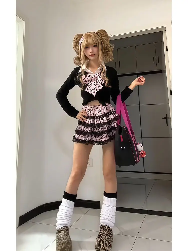 الخريف اليابانية نمط Preppy أنيقة 2 قطعة مجموعة النساء القوطية تصميم القمم + ليوبارد تنورة الإناث ثقافة فرعية كوريا الملابس الشعبية