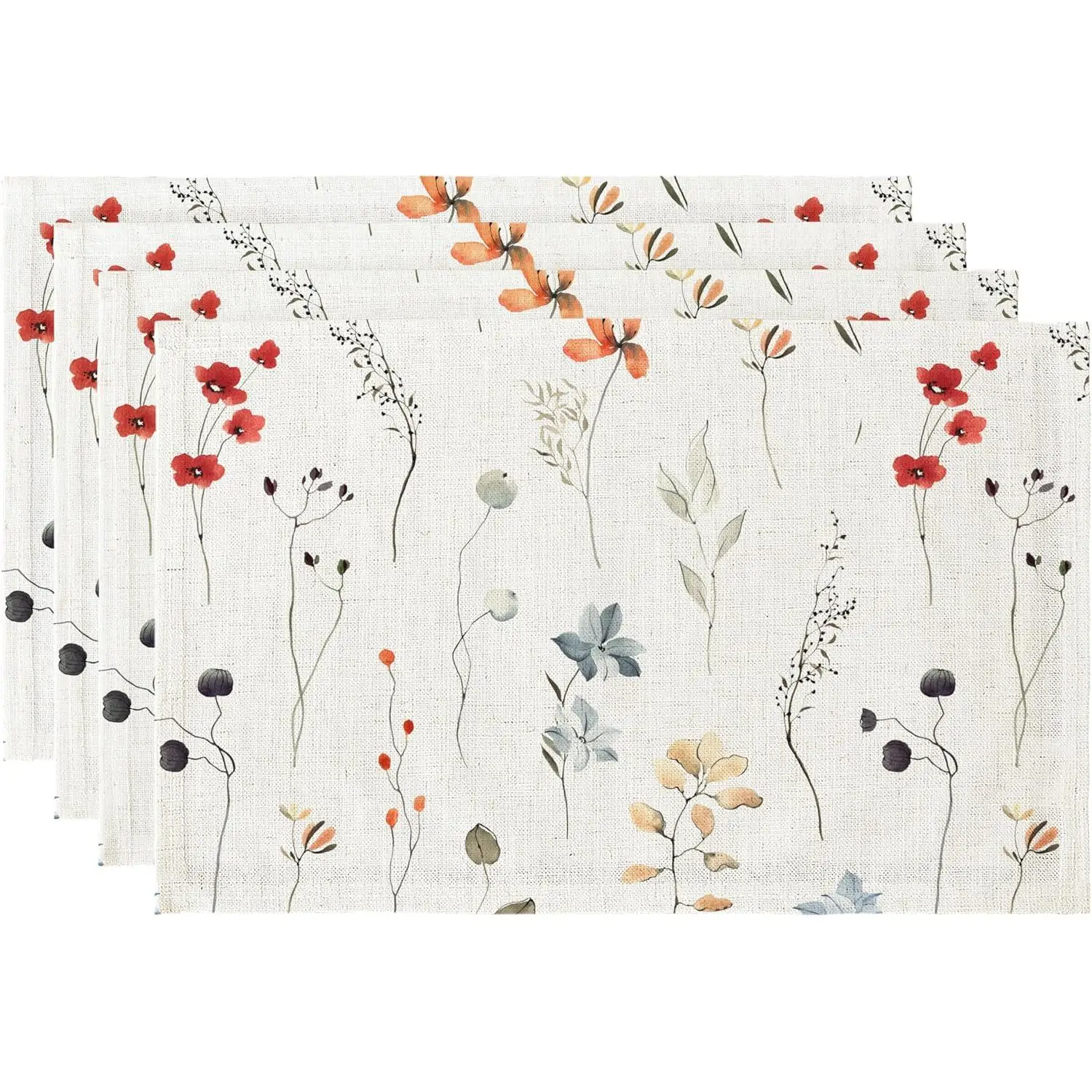 Cat Linen Fabric Floral Placemats Waterproof Durable Boho Dining Table Rustic Vintage Washable Place Mats Set of 4 18’’× 12’’