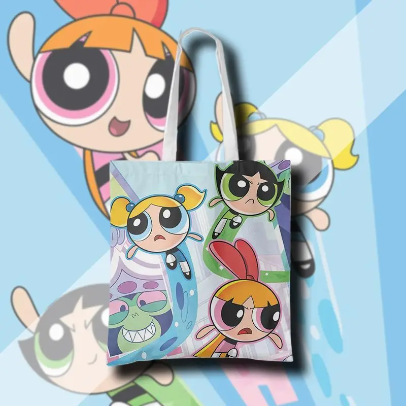 The Powerpuff Girls Canvas Bag for Women Shopper Handbags Large Storage Reusable Cartoon Shoulder Tote Bag School Bags Girl Gift