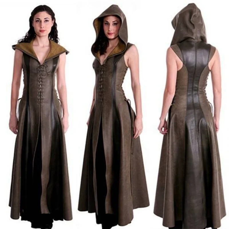 Women Archer Cosplay Costume with Hooded Faux Leather Long Dress Sleeveless Medieval Adult Halloween Costume Warrior Suit