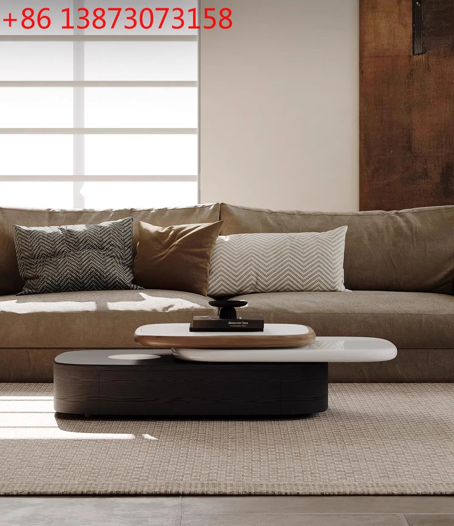 

Italian minimalist rock slab rotating coffee table designer creative living room household storage solid wood elm leather