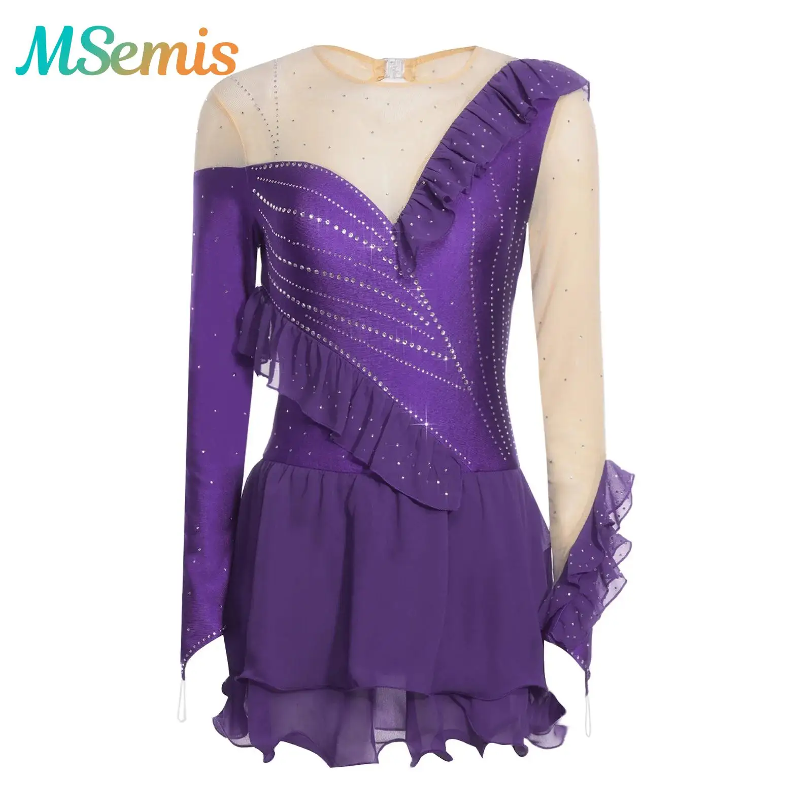 

Womens Sparkling Figure Skating Dress Ruffled Trim Rhinestones Ballet Lyrical Dance Performance Costume Tiered Bodysuit Dress