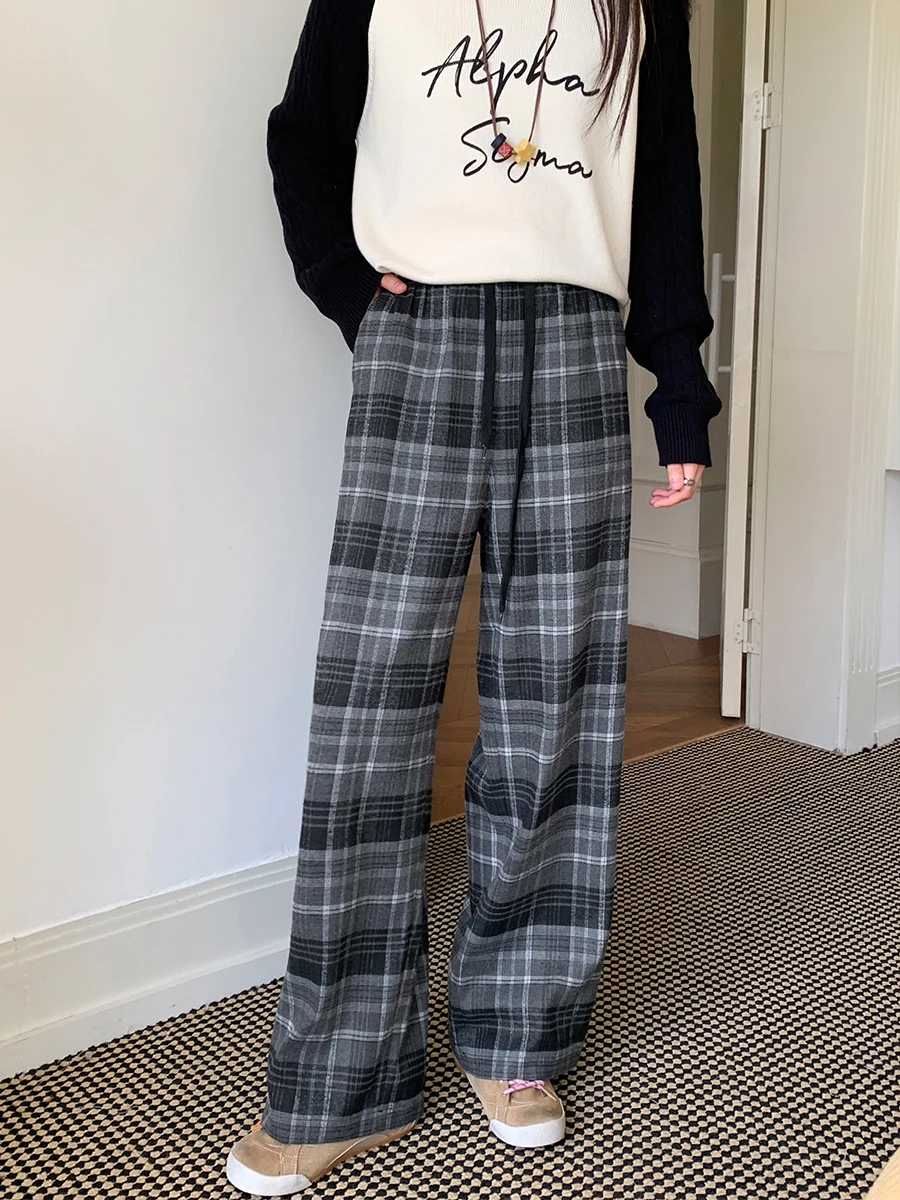 

Женские повседневные брюки с высокой талией и завязками, больших размеров, винтажные, в клетку, свободного кроя, осенние, модные