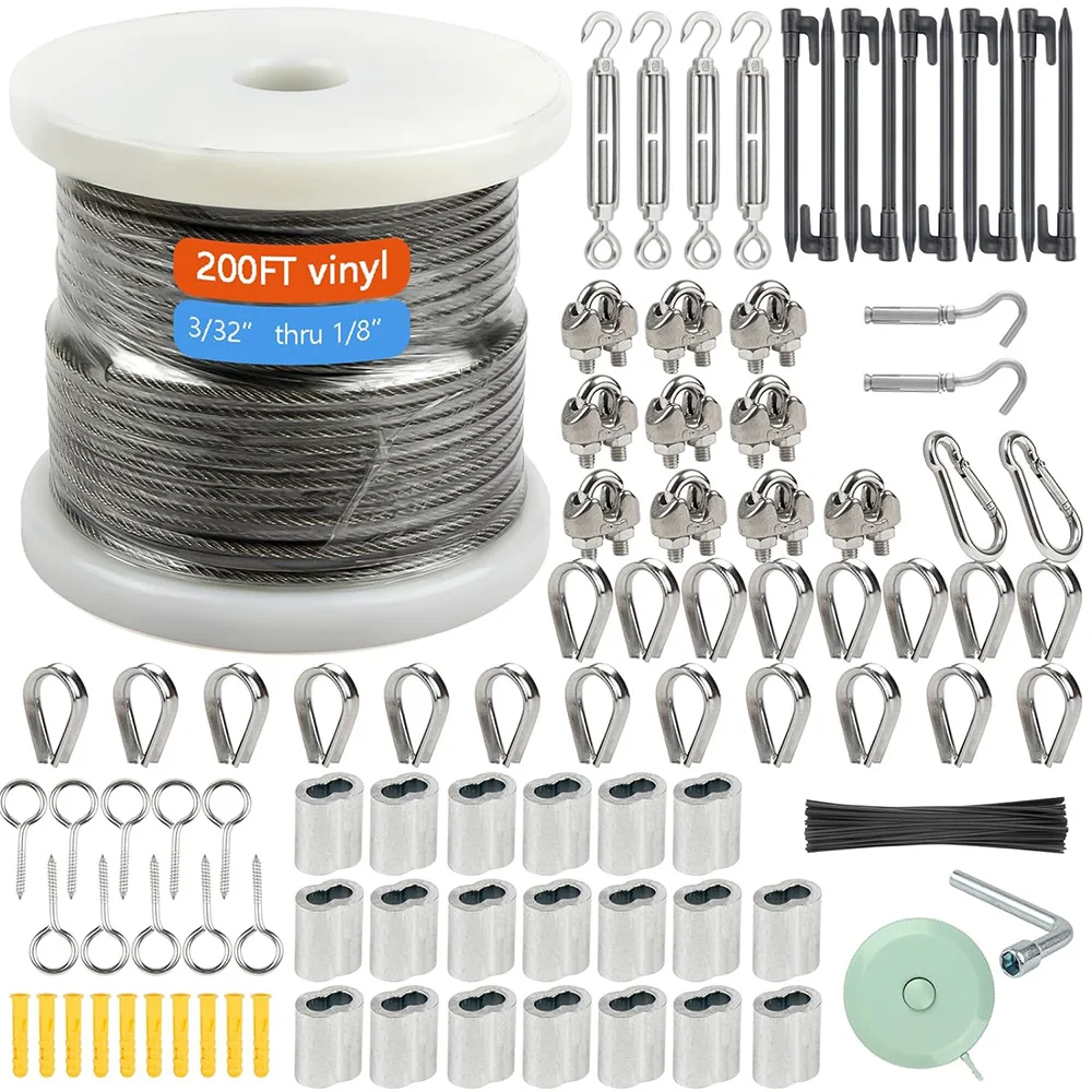 

200FT 1/8'' 304 Stainless Steel Garden Wire Turnbuckle Tensioner Kit Vinyl Coated 3mm Cable Wire For Garden