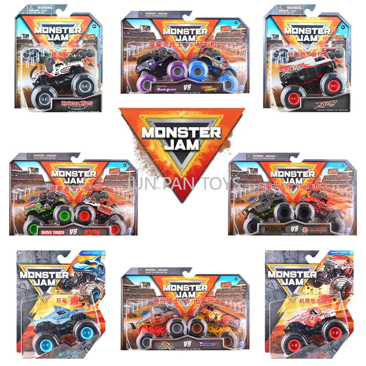Original Monster Jam 1:64 Diecast Monster Truck Serie Retro Druckguss Fahrzeug Grabbagger Zombie Megalodon Jungen Modell Kinder Spielzeug