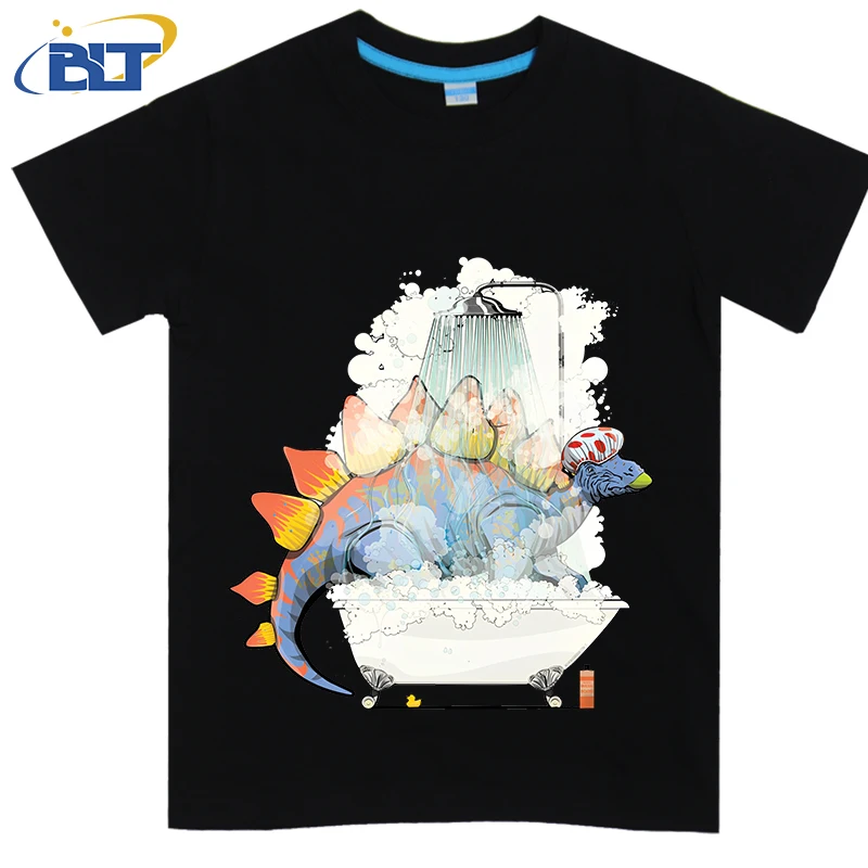 Estegossauro na banheira, chuveiro Dinossauro engraçado impresso algodão t-shirt para crianças, manga curta, tops casuais para crianças, engraçado, verão