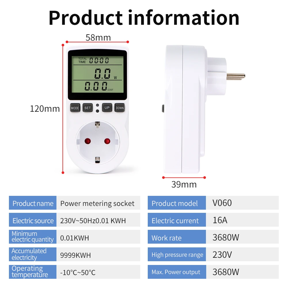 Digitaler LCD-Leistungsmesser, Wattmeter, Steckdose, Leistung, Kwh, Energieverbrauch, Messung, Steckdose, EU/US-Stecker, Überlastschutz, 230/120 V – Detail 7