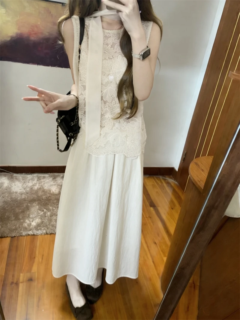

Kumikumi Summer Lace Sleeveless Vest And Skirt Set Women's Fashion Loose High Waist Pure Color Two-Piece Outfit Gentle Breeze