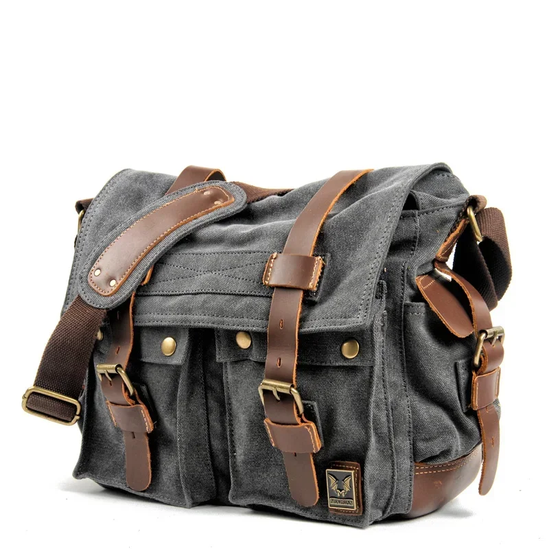 Vintage Canvas with Leather Messenger Bag Shoulder Crossbody Bag Outdoor Sports Riding Motorcycle Crossbody Bag