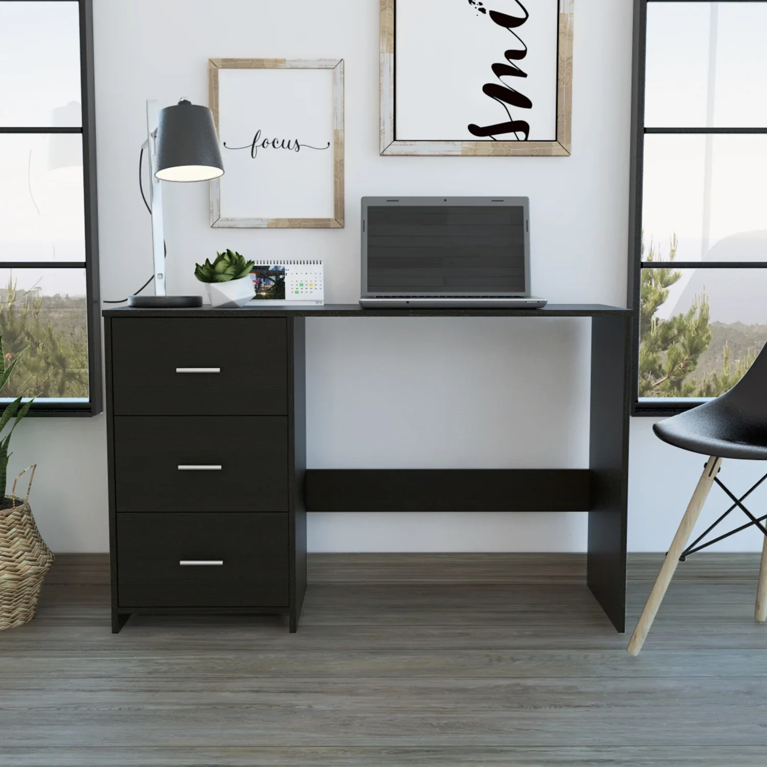 Modern Black Wengue Ventura 3-Drawer Writing Desk with Sleek Design and Spacious Storage desk
