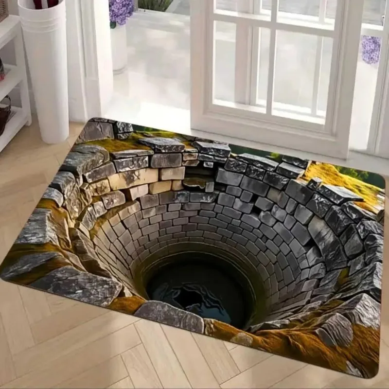 3D Visual Illusion Deep Well Abyss Creative Funny Anti Skid Flannel Doormat Home Floor Mat Decor Rug