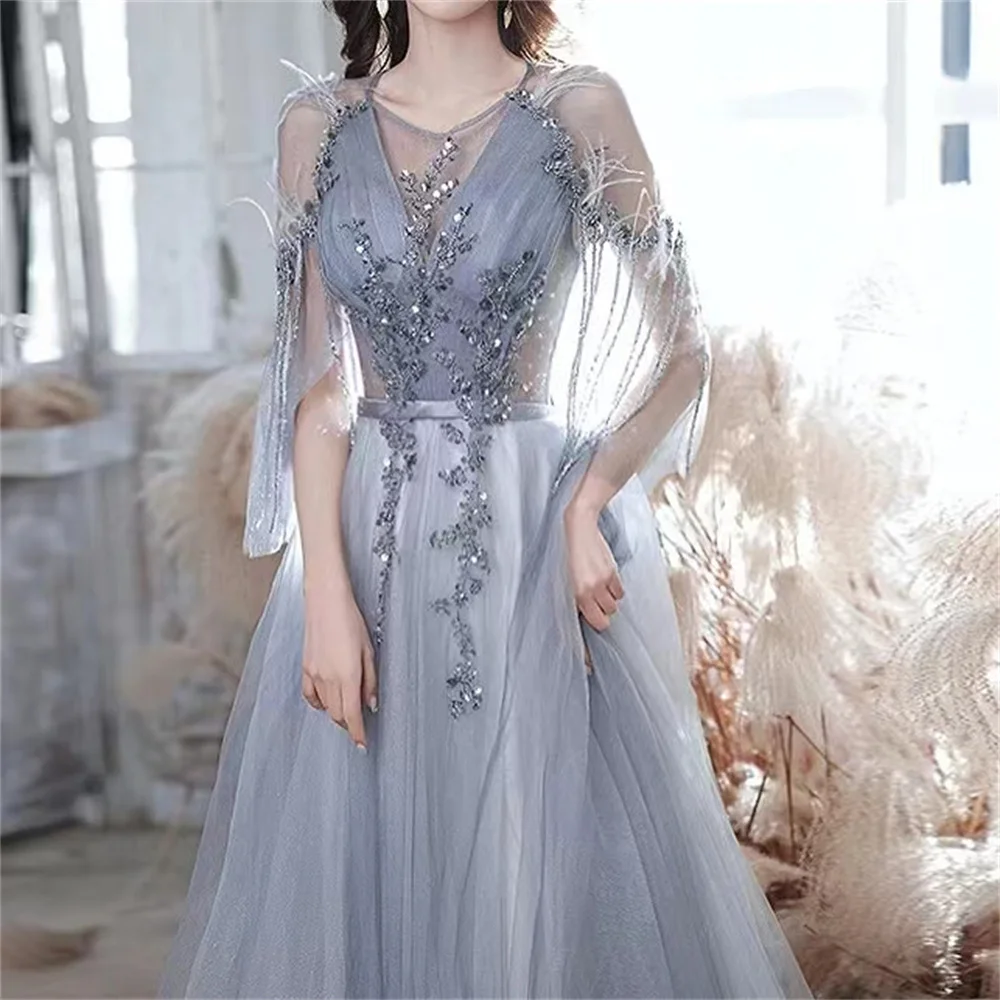 

2023 Lace Beaded A-line Lake Blue Bridesmaid Dresses With Shawl Sleeves Luxurious Prom Evening Gowns For Wedding Formal Party