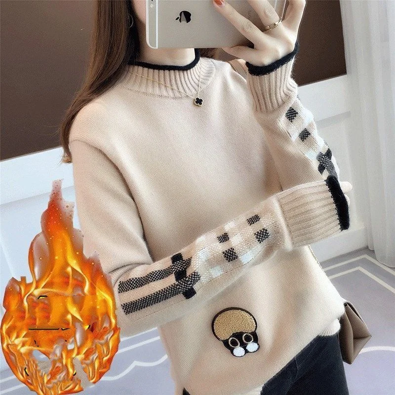 Autumn Winter Versatile New Half High Collar Random Needle Repair Pullovers Sweaters Fashion Loose Long Sleeve Women\'s Tops