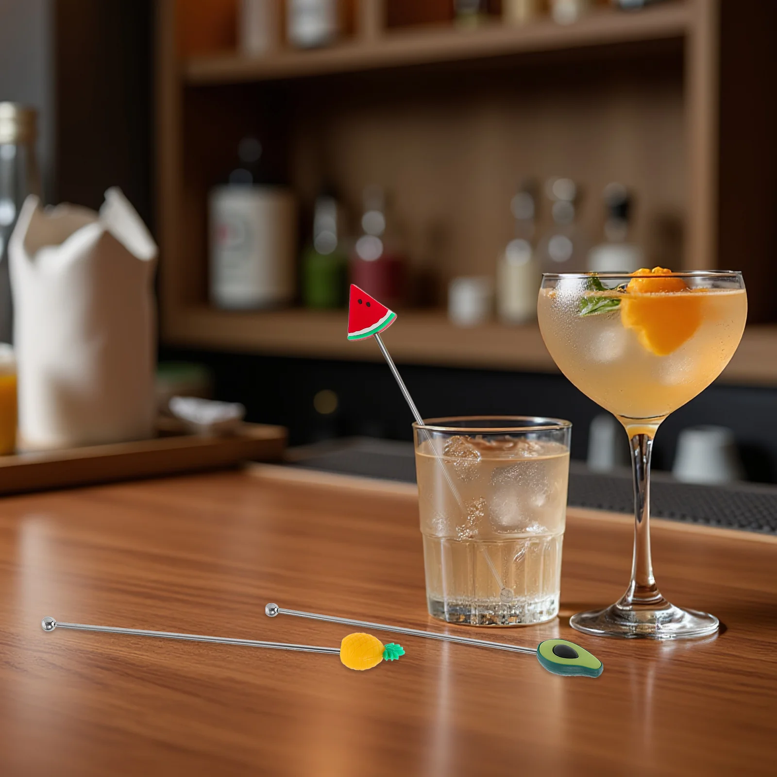 

6pcs Stainless Steel Fruit Topper Stirrers 7.27" Reusable Mixing Sticks For Coffee Cocktails Whiskey Hot Tools