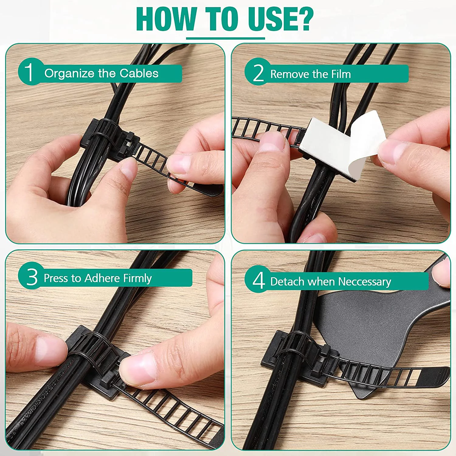 Untoom Adhesive Cable Management Clips Adjustable Nylon Cable Strap Ties Wire Clamps Cable Organizer for Network Wire Power Cord