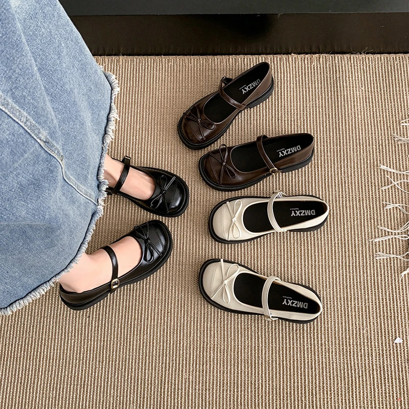 Round-head Bow Blouse Leather Shoes for Women, 2026 Spring/summer New Style, Platform Thick-soled Mary Jane Flat Shoes