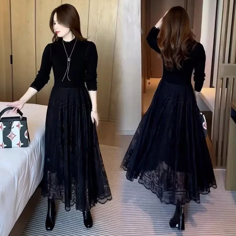 Female Fake Two Pieces Long Dresses Women Splicing Together Lace Large Size 4XL Dress Autumn Ladies Knit Maxi Dress  ﻿