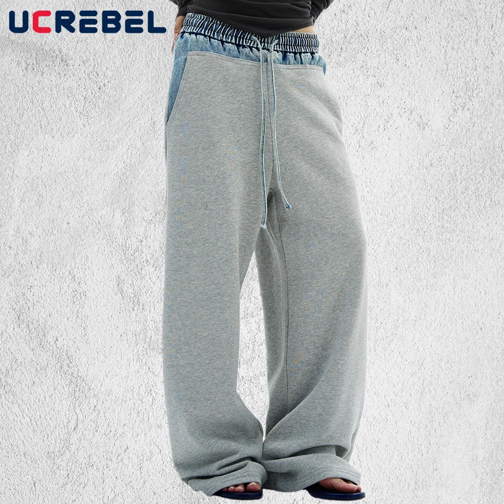 

Джинсовые лоскутные спортивные штаны мужские ретро High Street осень зима с эластичной резинкой на талии прямые широкие брюки мешковатые спортивные брюки мужские брюки