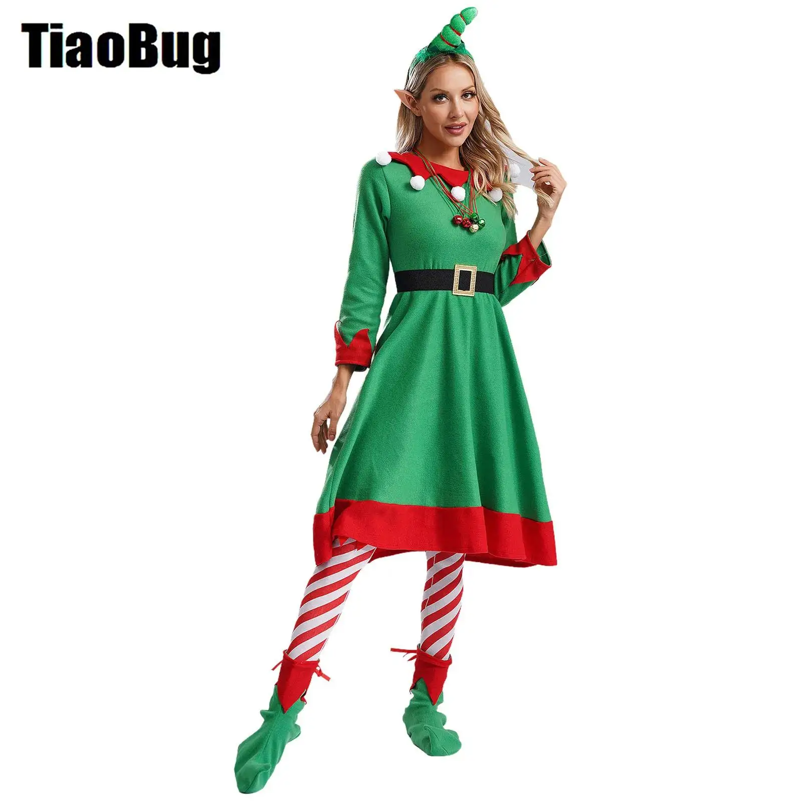 

Women Christmas Elf Costume Outfits Santa Helper Velvet Dress with Hair Hoop Elf Ears Shoes Belt Stockings Bells Set Costume