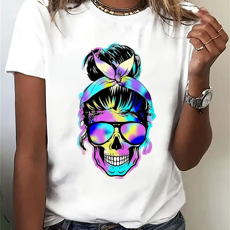 Skull & Floral Print T-Shirt Short Sleeve Fashion Casual Sport Basic Crew Clothes Harajuku Style Summer Women\'s Graphic T Shirts