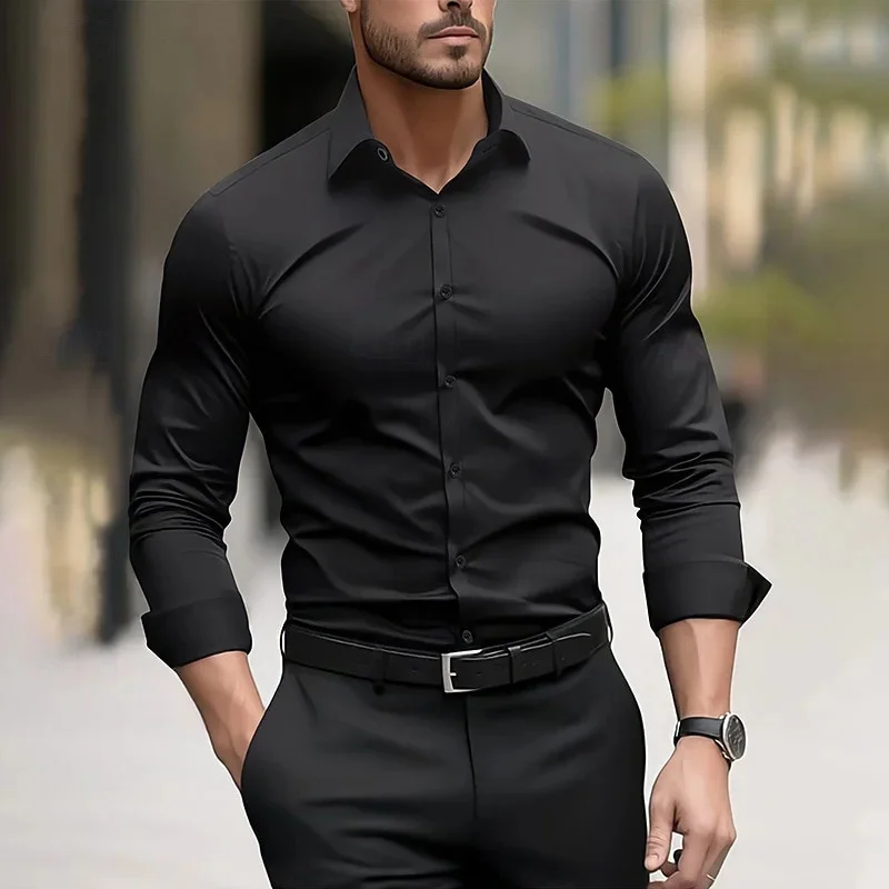 Effen herenoverhemd, casual wit overhemd, hoogwaardige effen kleur stretchstof met lange mouwen, zakelijk formeel overhemd, XS-6XL