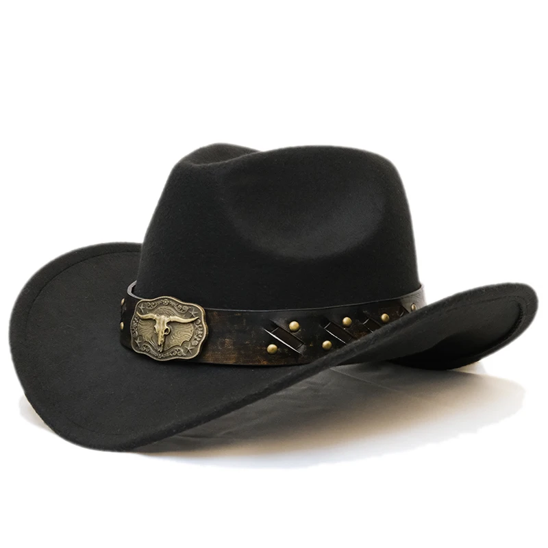 

Retro Cow Head Leather Belt Band Women Men /Kid Child Wool Wide Brim Warm Cowboy Western Hat Cowgirl Cap (54-57-61cm