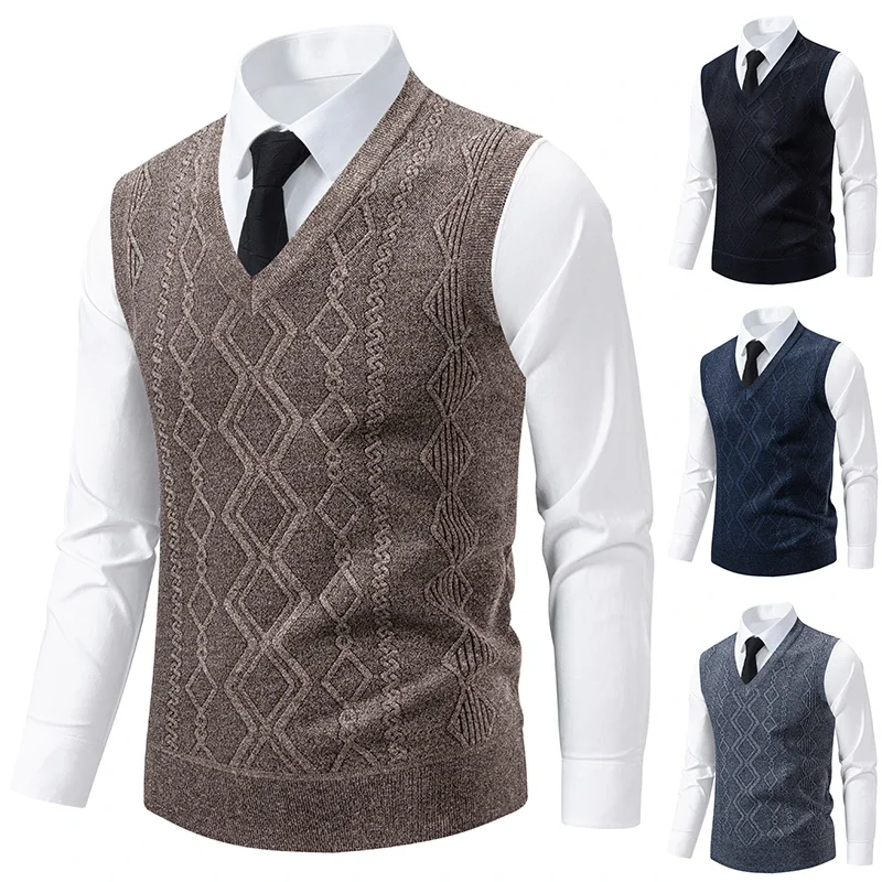 2025 الرجال الخامس الرقبة محبوك سترة دافئة الخريف الشتاء موضة عادية الماس شبكة الملتوية زهرة تصميم تنوعا