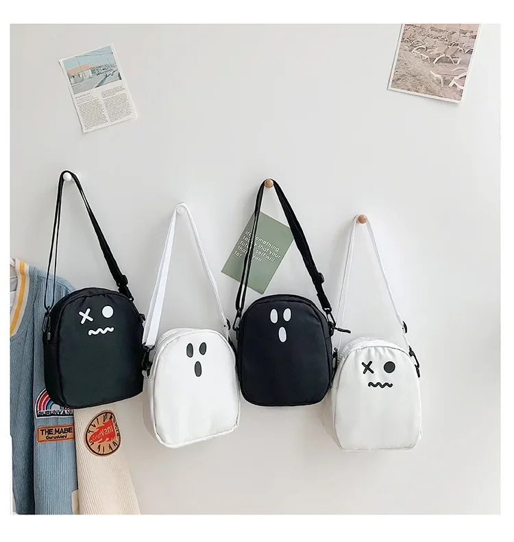 Black White Funny Cute Ghost Kawaii Women Canvas Bag Cartoon Harajuku Chic Ins Shopper Bag Women Shoulder Bags Large Capacity