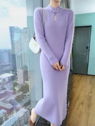 100% Pure Mink Cashmere Knitted Dress Women Stand Up Collar Button Long Skirts Casual High Waist Over Knee Dress New Thick Skirt