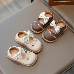 2024 Autumn New Children Leather Shoes for Girls Fashion Korean Style Soft Bottom Anti-slippery Sweet Bowtie Versatile Flats