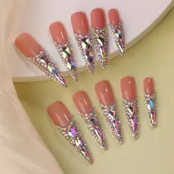 10Pcs Queen Colorful False Nails Shimmer Super Long Pointy Press on Nails Rhinestone Wearable Fake Nails Party Drama Finger Nail