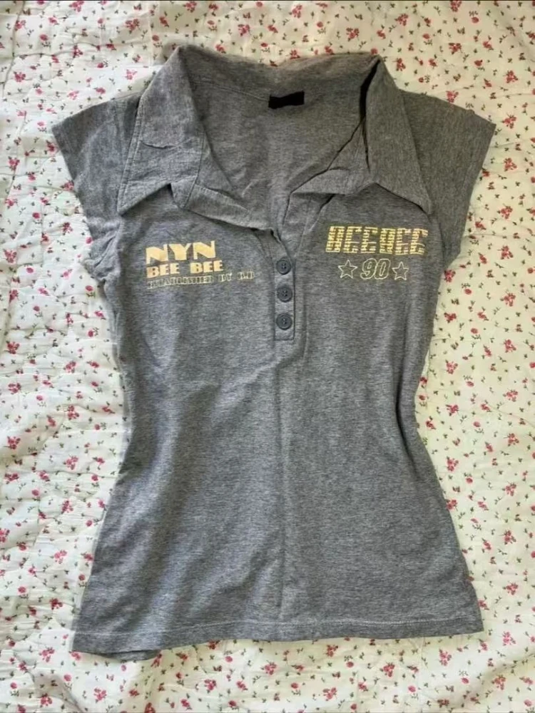 Y2k Vintage Polo Shirt Woman Gothic Slim V-neck Button American Letter Print T-shirts Punk Short Sleeve Harajuku 90s Rock Tees